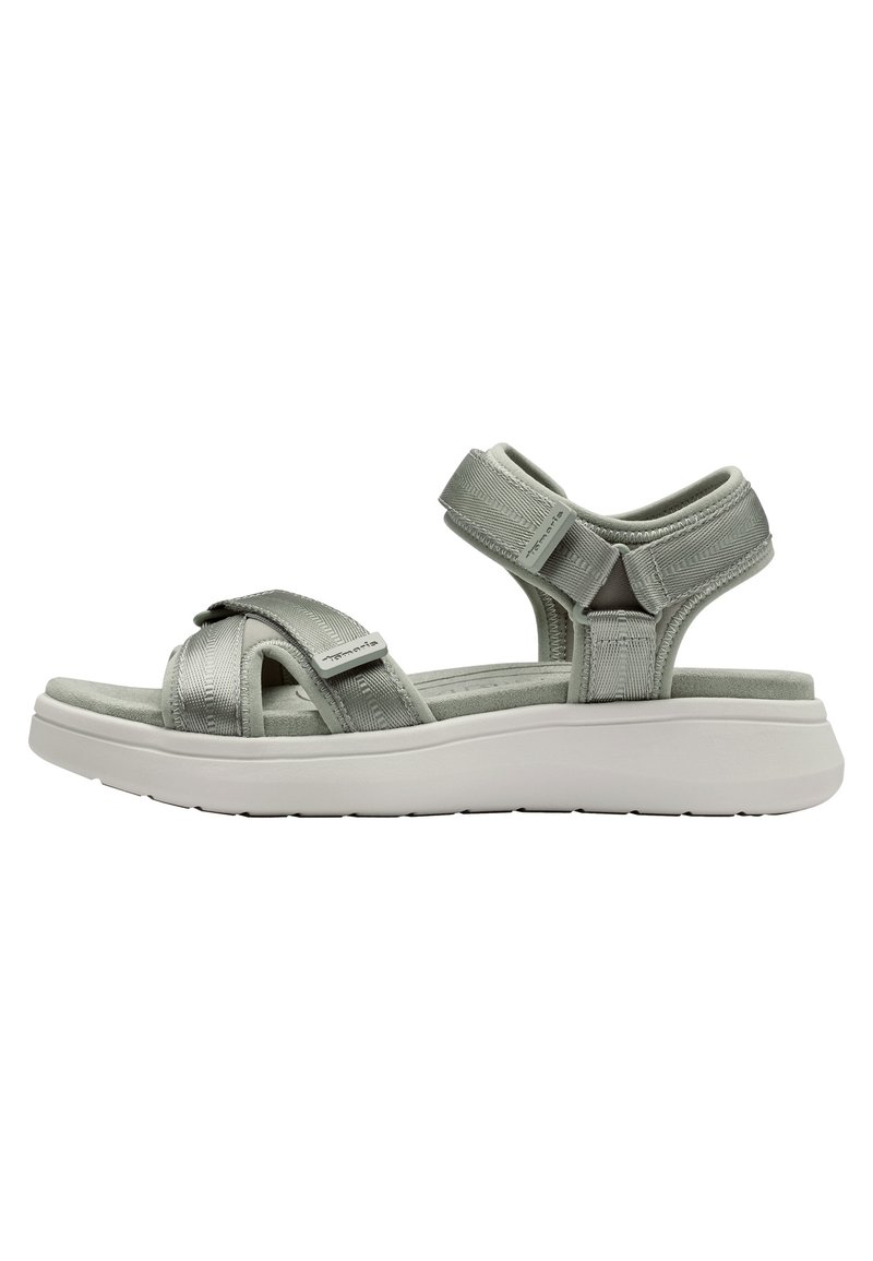 Gray sandal with cross-strap design, textured fabric, adjustable straps, and a thick white rubber sole. Features a cushioned footbed.