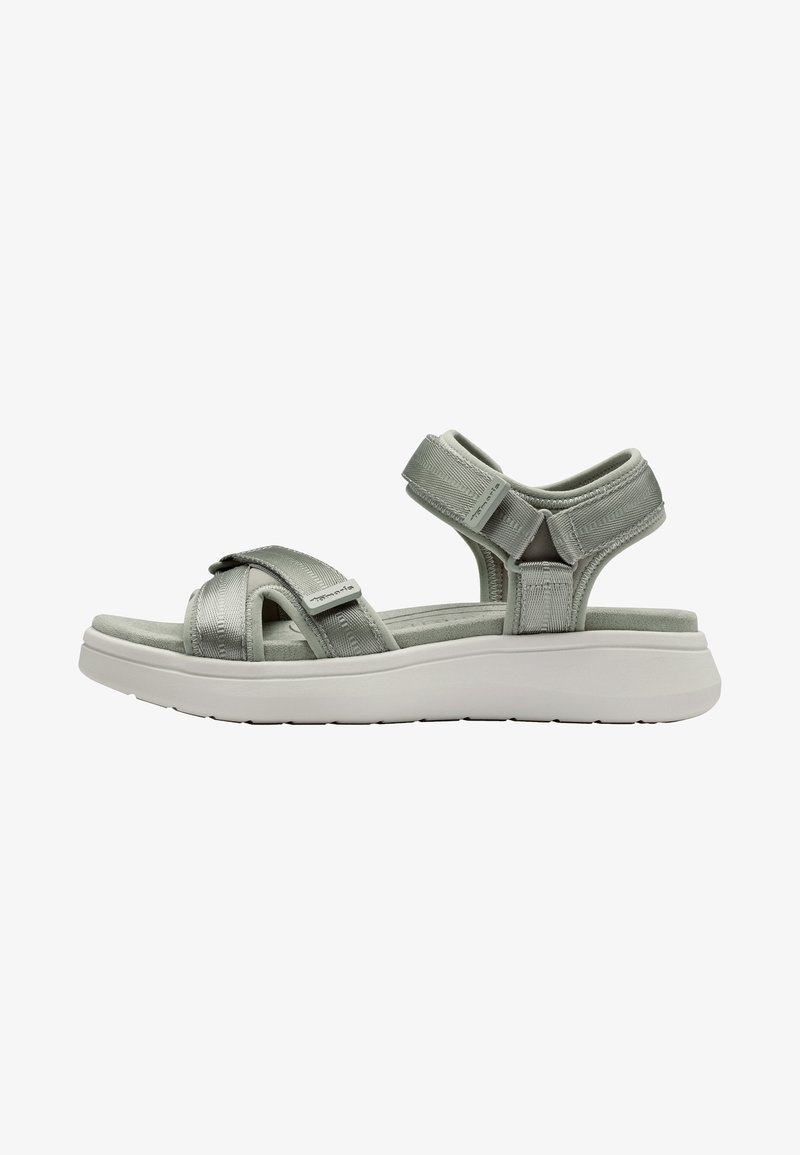 Gray sandal with cross-strap design, textured fabric, adjustable straps, and a thick white rubber sole. Features a cushioned footbed.