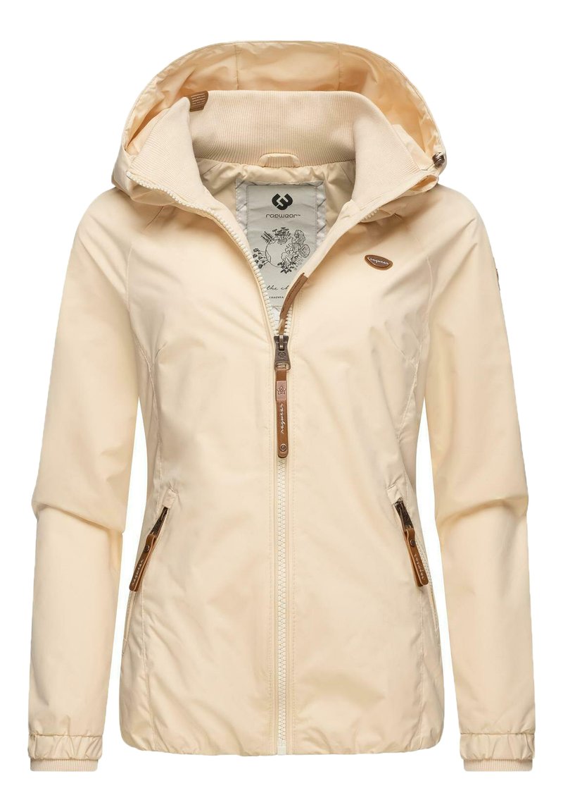 Light beige jacket with a hood, zippered front, and two side pockets. Has elastic cuffs and leather accents on zippers. Smooth texture.