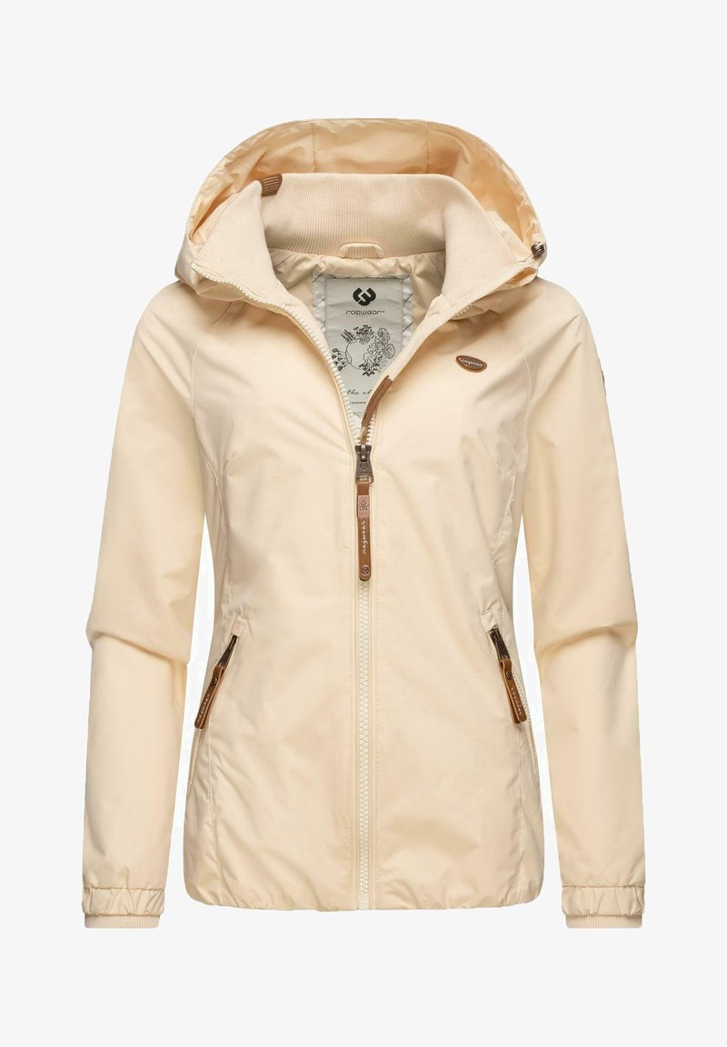 Light beige jacket with a hood, zippered front, and two side pockets. Has elastic cuffs and leather accents on zippers. Smooth texture.