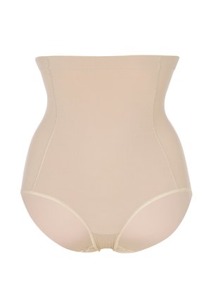 Mutandine modellanti a vita alta color beige con finitura liscia e ampia fascia elastica in vita, progettate per il controllo della pancia e la modellatura del corpo.