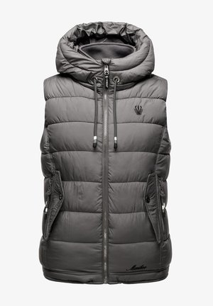 Sivi jastučić prsluk s odvojivom kapuljačom, prednjimPatentnim zatvaračima i bočnim džepovima. Ima suptilni logo i teksturiranu tkaninu za izolaciju.