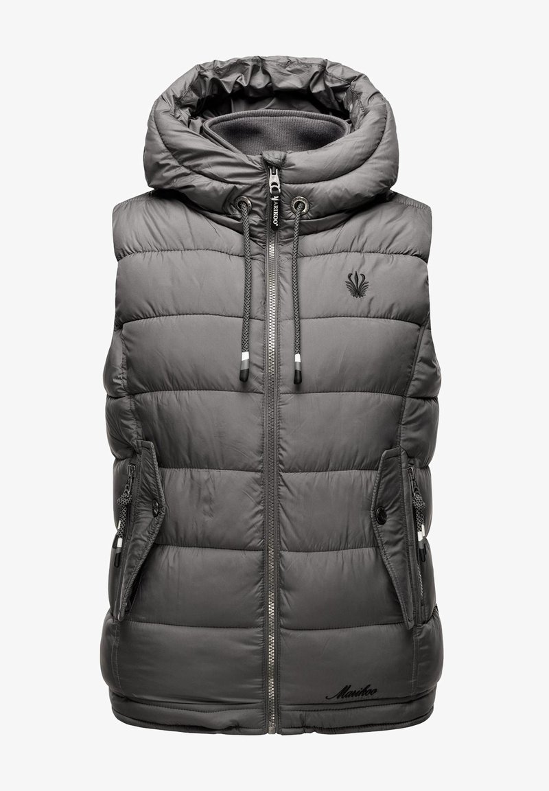 Sivi jastučić prsluk s odvojivom kapuljačom, prednjimPatentnim zatvaračima i bočnim džepovima. Ima suptilni logo i teksturiranu tkaninu za izolaciju.