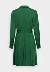 Grünes Faltenkleid mit Kragen, langen Ärmeln und passendem Gürtel. Hergestellt aus glattem Stoff mit fließendem Design.
