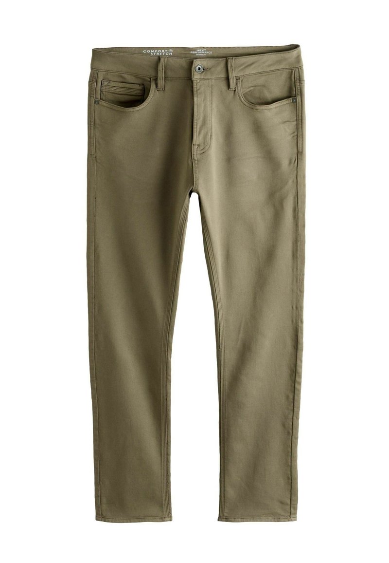 Pantalons slim fit vert olive avec cinq poches et passants de ceinture, conçus en tissu extensible pour le confort et dotés d'une fermeture à bouton.
