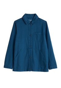 Blue jacket made of cotton, featuring a collared neckline, front button closure, one chest pocket, and two side pockets.