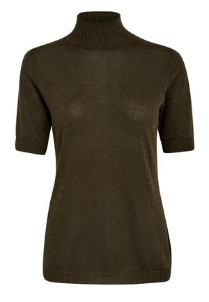 Dunkelgrünes kurzärmliges Strickoberteil mit hohem Kragen, das über eine dezente glitzernde Textur sowie gerippte Bündchen und Saum verfügt.
