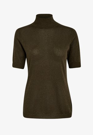 Tume rohelise värvi lühikeste varrukatega kootud topp kõrge kaelusega, millel on õrn sädelev tekstuur ning soonikkudest manused jaäär.