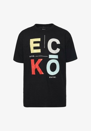 Black cotton t-shirt featuring bold, multicolored letters spelling "ECKÖ" and "Unltd." with a crew neckline and short sleeves.
