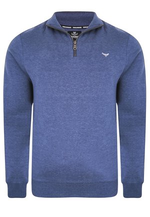 Sweatshirt bleu avec un col zippé mi-haut, des poignets et un ourlet côtelés, fabriqué dans un matériau doux. Présente un petit logo sur la poitrine.
