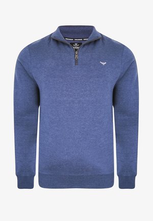 Sweatshirt bleu avec un col zippé mi-haut, des poignets et un ourlet côtelés, fabriqué dans un matériau doux. Présente un petit logo sur la poitrine.