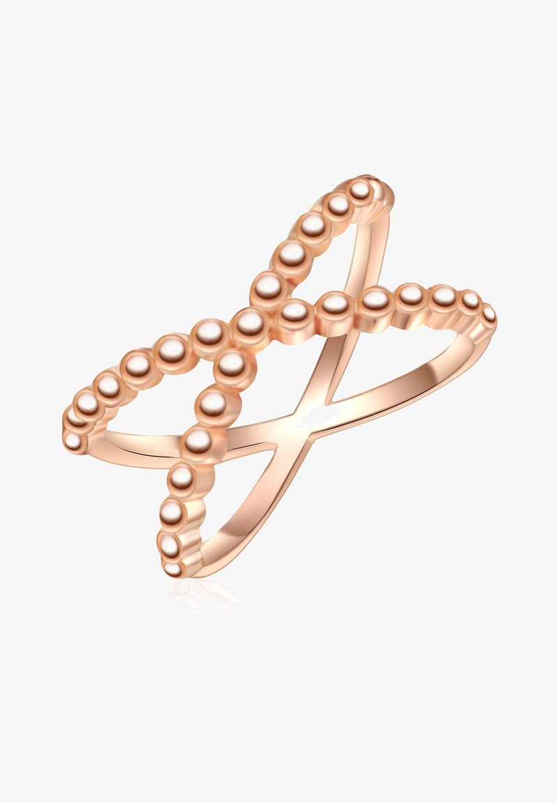 Anillo de oro rosa diseñado con una forma entrelazada, con pequeños acentos redondos espaciados uniformemente a lo largo de las bandas para una apariencia texturizada.
