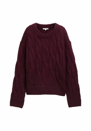 Cable-knit sweater in deep burgundy, featuring a round neck, long sleeves, and ribbed cuffs and hem. Textured pattern throughout the fabric.