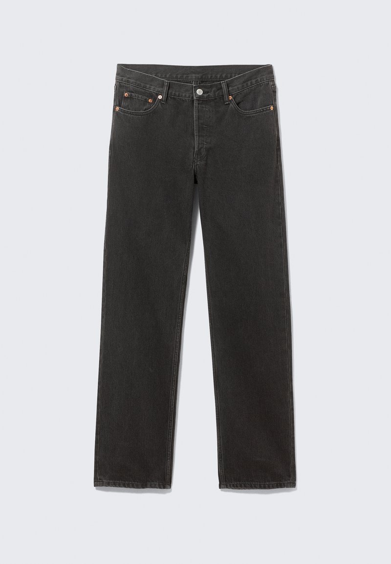 Black straight-leg denim jeans with front pockets, belt loops, and button closure laid flat on a gray background.