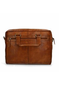 Braune Leder-Laptoptasche mit doppelten Griffen, einer vorderen Reißverschlusstasche und gestickten Details. Die strukturierte Oberfläche verleiht dem Design Tiefe.
