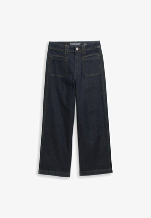 Pantalons en denim bleu foncé à taille haute, larges avec poches plaquées à l'avant, passants de ceinture et fermeture à bouton.