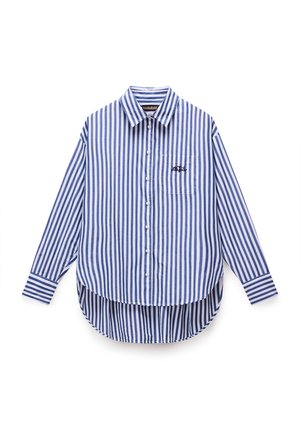 Button-up shirt in blue and white stripes, featuring a pointed collar, chest pocket, long sleeves, and a curved hem. Cotton material.