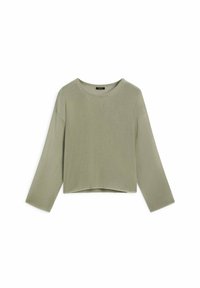 Haut long en maille verte à manches longues, avec un col rond, une silhouette courte et une texture subtile. Présente des manches larges et aucune décoration visible.