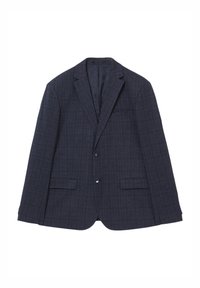 Blazer navy con un sottile motivo a quadri, due tasche anteriori e revers a punta. Realizzato in tessuto strutturato con una fodera interna liscia.