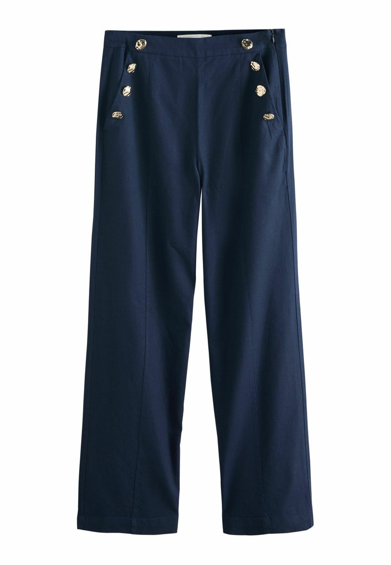 Pantalon bleu marine à jambes larges avec taille haute, comportant six boutons dorés décoratifs en deux rangées verticales près des poches avant.