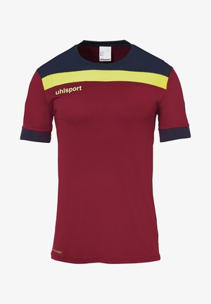 Bordeaux kortærmet sports trøje med marineblå accenter og en gul vandret stribe. Har uhlsport-logo i gul på brystet.