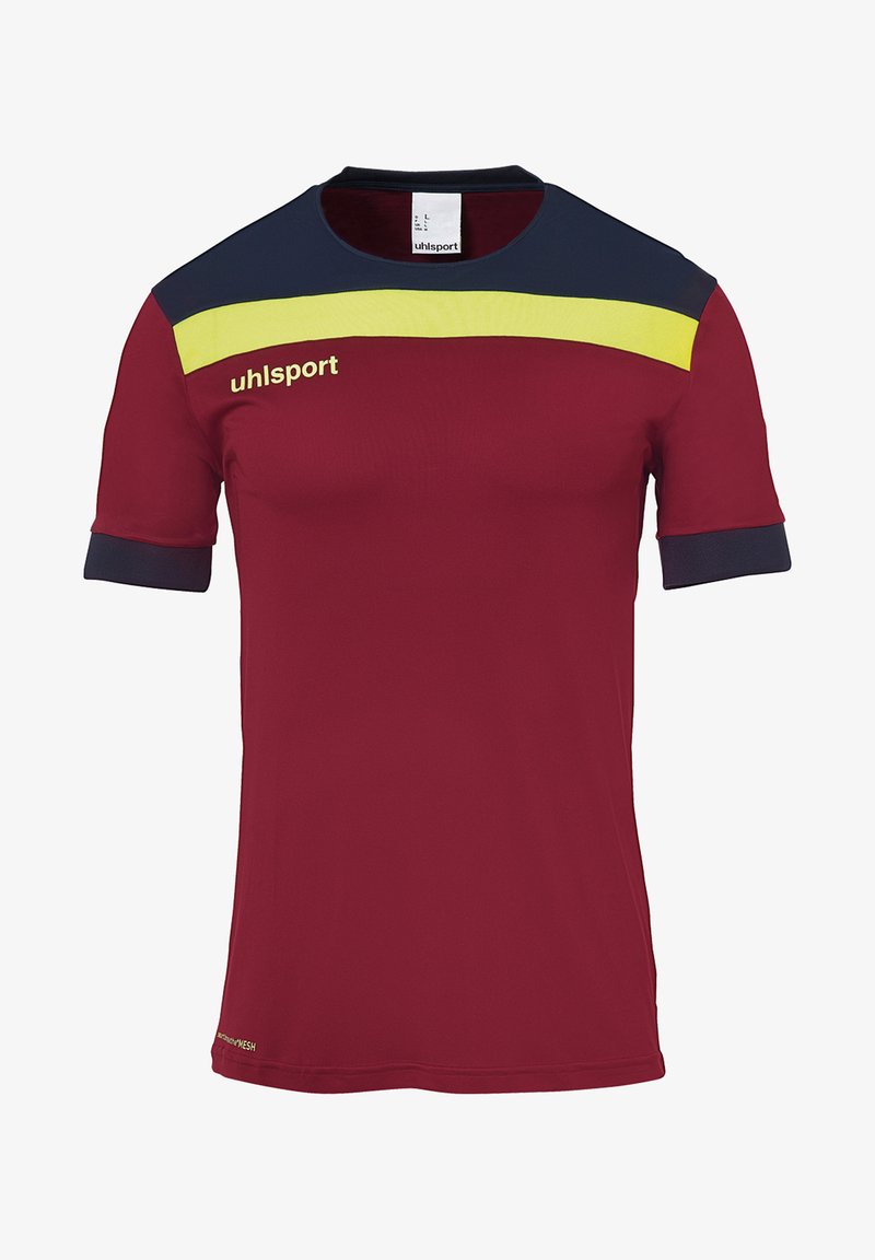 Bordeaux kortærmet sports trøje med marineblå accenter og en gul vandret stribe. Har uhlsport-logo i gul på brystet.