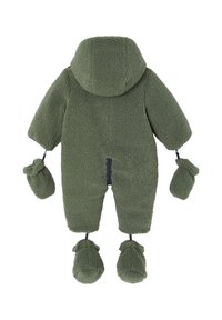 Green fleece baby snowsuit with a hood, long sleeves, and matching mittens attached. Soft texture and rounded foot covers. Zipper closure.