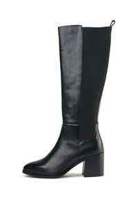 Black knee-high boots made of smooth leather with a stretchy fabric panel, featuring a chunky heel and a loop accent at the top.