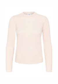 Light beige sweater made of soft material, featuring a crew neck, long sleeves, and a simple knit texture with no patterns or accents.