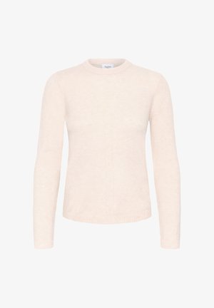 Vaaleanbeige villapaita, joka on valmistettu pehmeästä materiaalista, ja siinä on pyöreä pääntie, pitkät hihat sekä yksinkertainen neulepinta ilman kuvioita tai koristeita.