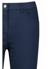 Marineblau Hosen aus dehnbarem Stoff, mit einem vorderen Knopfverschluss, Gürtelschlaufen und Seitentaschen, sowie dezenten Nähdetails.