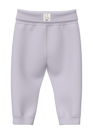 Hellviolette Babyhosen mit umgeschlagenen Bündchen und einem Comic-Nilpferd-Logo auf der Vorderseite der Taille in der Mitte.
