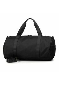 Borsa a viaggio nera realizzata in tessuto resistente, dotata di due manici superiori, spallacci regolabili e scomparti con cerniera per lo stoccaggio.