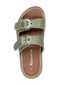 Green woven slide sandal with two silver buckle straps, cork footbed, and brown insole. Features logo and supportive design.