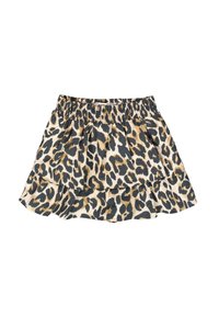 Falda de estampado de leopardo con un diseño en capas, que presenta una cinturilla elástica. El material parece ligero con una textura suave y colores beige, negro y marrón.