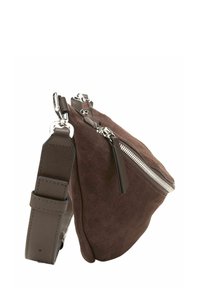 Borsa a tracolla in suede marrone con zip argentata, tracolla in pelle regolabile e dettagli lisci. Design compatto con una trama sottile.