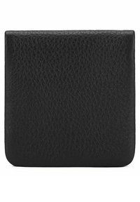 Zwarte leren portemonnee met een gestructureerd oppervlak, rechthoekige vorm en gladde randen. Minimalistisch ontwerp zonder zichtbare hardware of accenten.