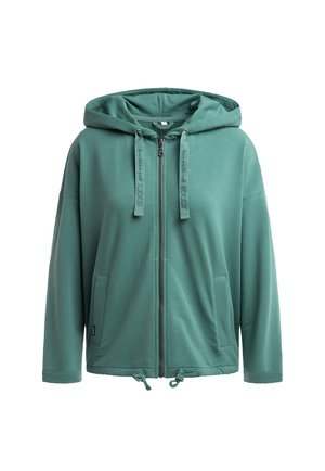 Teal zip-up hoodie with drawstring hood, front pockets, adjustable hem ties, and long sleeves, displayed on a white background.