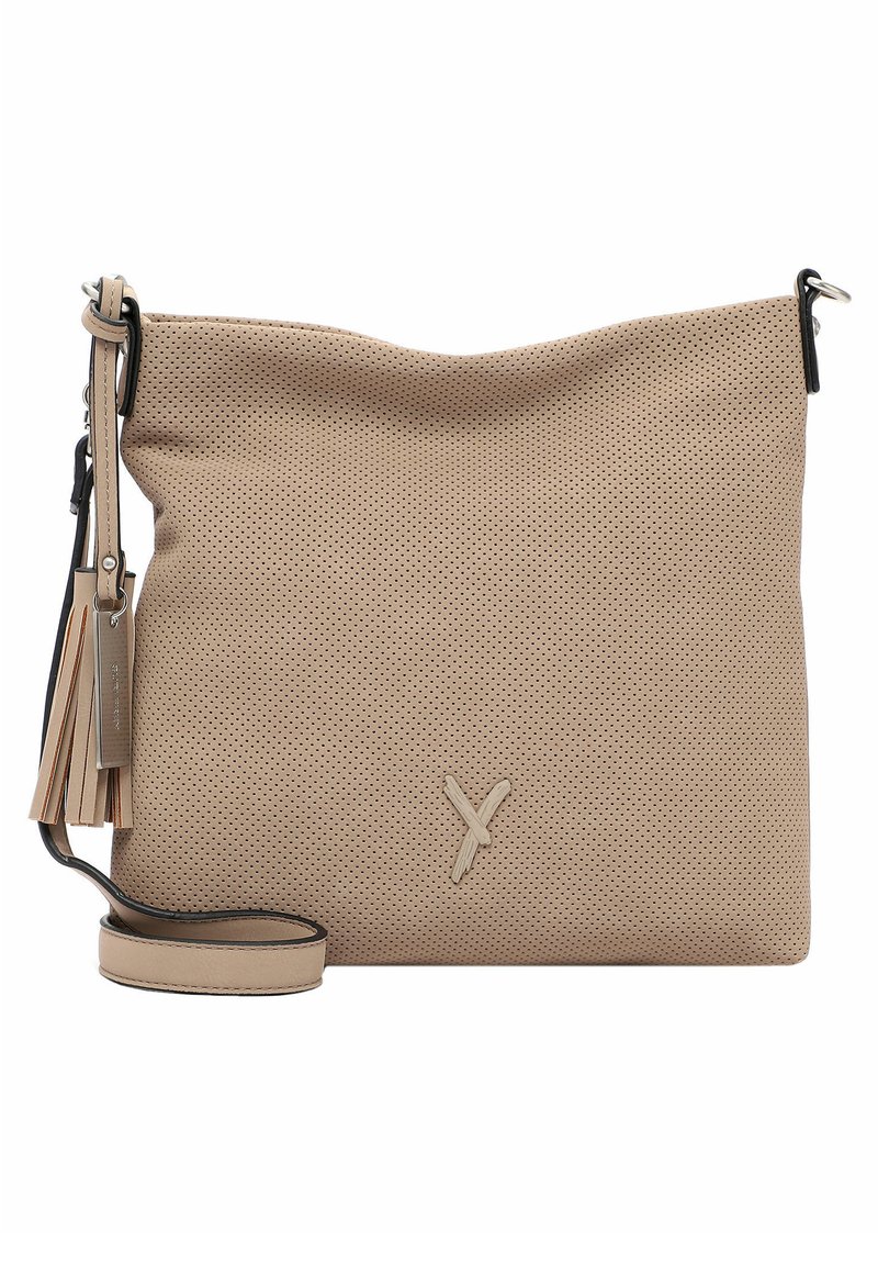 Borsa a tracolla in pelle beige perforata con chiusura a zip, tracolla regolabile e dettaglio di nappina. Design minimalista con dettaglio del logo.