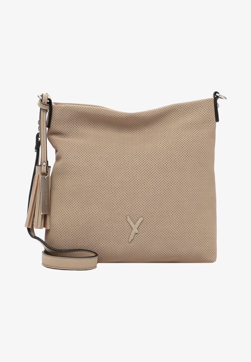 Borsa a tracolla in pelle beige perforata con chiusura a zip, tracolla regolabile e dettaglio di nappina. Design minimalista con dettaglio del logo.