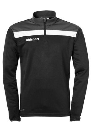Black long-sleeve pullover with a half-zip collar. Features gray shoulder panel and white horizontal stripe. Made from lightweight fabric.