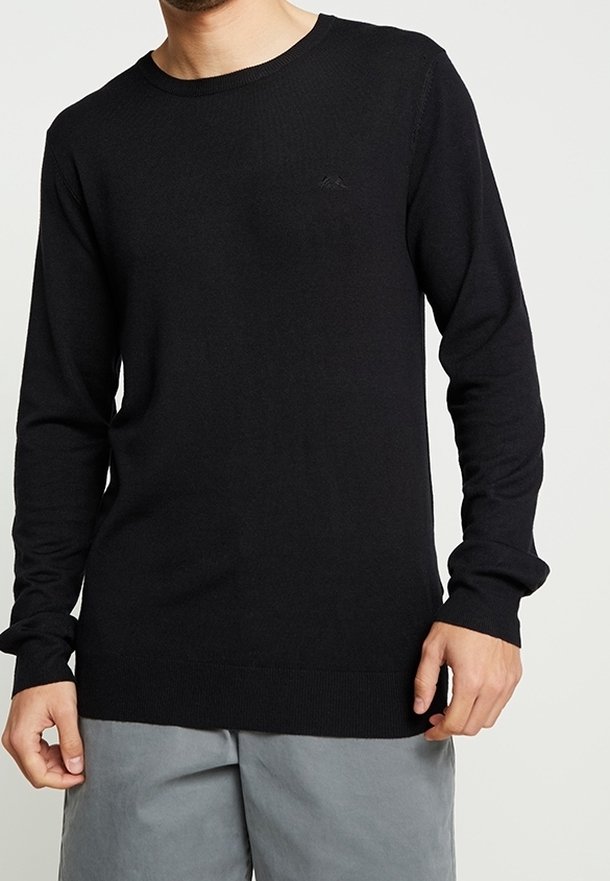 Ein Mann trägt einen schlichten schwarzen Langarm-Pullover mit Rundhalsausschnitt, kombiniert mit hellgrauen Hosen vor einem einfarbigen Hintergrund.