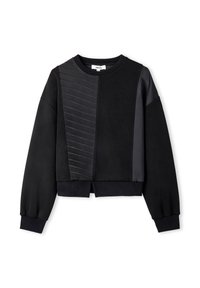 Schwarzer, verkürzter Sweatshirt mit verschiedenen Texturen, einschließlich glatter und gerippter Einsätze, übergroßen Ärmeln und einem gerippten Saum.