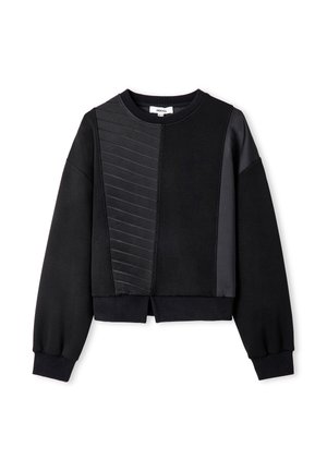 Zwarte cropped sweatshirt met verschillende texturen, waaronder gladde en ribgebreide panelen, oversized mouwen en een ribgebreide zoom.