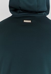 Sudadera en verde azulado oscuro hecha de una tela suave y elástica. Presenta un parche de logo en plata en la parte posterior, con un ajuste relajado y un diseño de capucha.