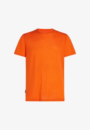 Oranges T-Shirt aus leichtem Stoff, mit klassischem Rundhalsausschnitt, kurzen Ärmeln und geradem Saum. Keine sichtbaren Muster oder Akzente.