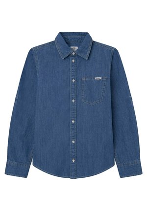 Chemise en jean bleu foncé, design boutonné avec manches longues, col pointu et une poche poitrine gauche. Présente des détails de couture subtils.