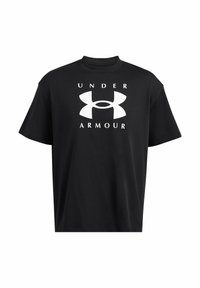 Melnas kokvilnas T-krekls ar apaļu kakla izgriezumu, kura priekšpusē ir liels balts "Under Armour" logs un īsas piedurknes.