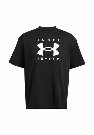 Sort bomulds T-shirt med rund hals, der har et stort hvidt "Under Armour" logo på fronten og korte ærmer.