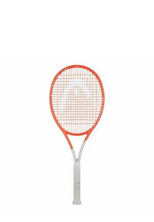 Tennisschläger mit einem leuchtend orangefarbenen Rahmen, weißem Saitenmuster und einem strukturierten grauen Griff. Verfügt über eine ovale Kopf-Form und einen verstärkten Übergang.